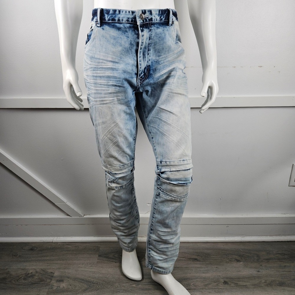 Decibel Mens 42x32 Light Acid Wash Moto Distressed Slim Tapered Jeans Blue